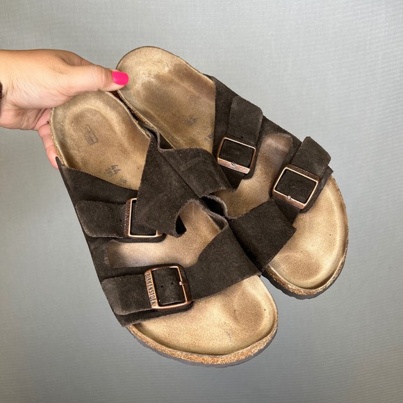 Mens Birkenstock Arizona Suede Leather Copper Buckle Sandals Size 44 - Picture 1 of 7